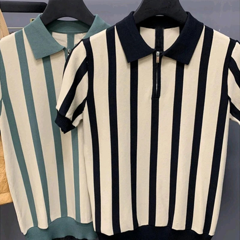 Men’s Striped Zipper Polo