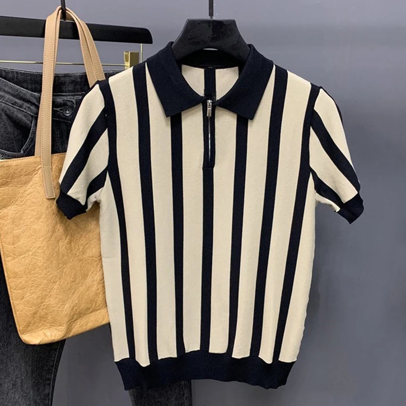 Men’s Striped Zipper Polo